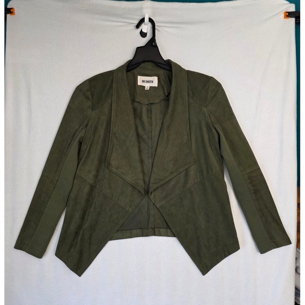 BB Dakota Faux Suede Draped Open Jacket S Olive Green Waterfall Asymmetric Moto